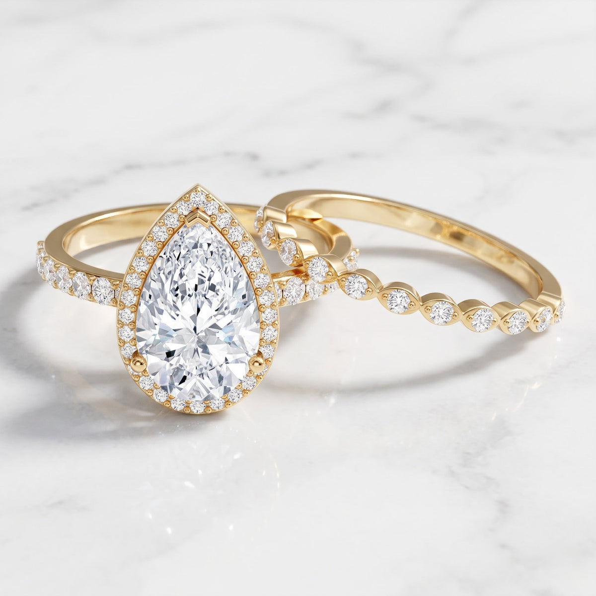IGI Certified 3 Carat Lab Grown Diamond Teardrop Wedding Ring Set with Halo