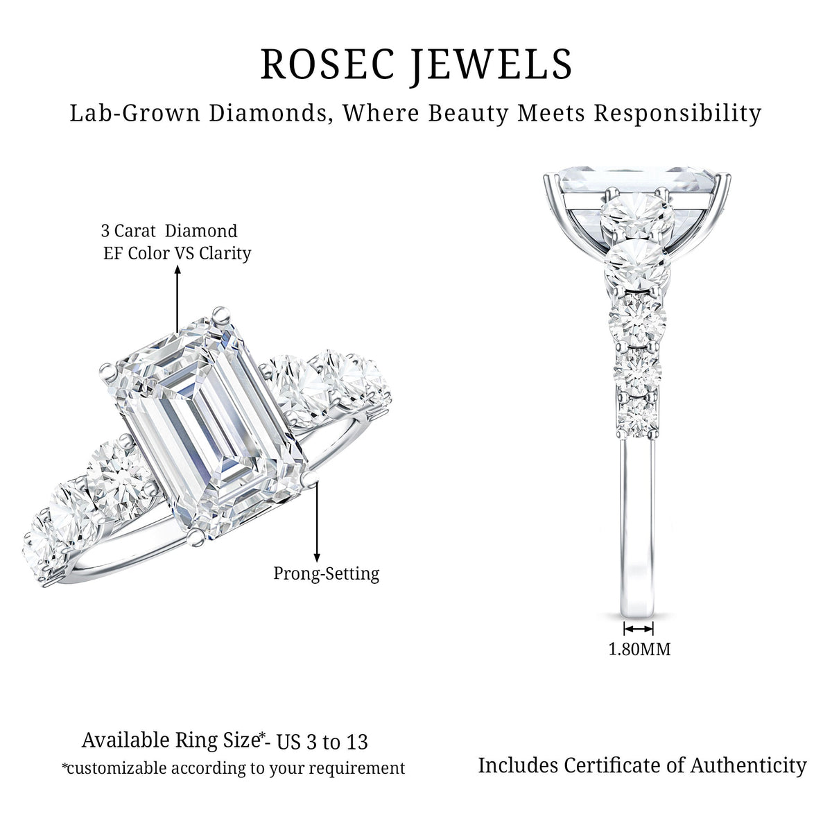 3 Carat IGI Certified Emerald Cut Lab Grown Diamond Engagement Ring with Side Stones