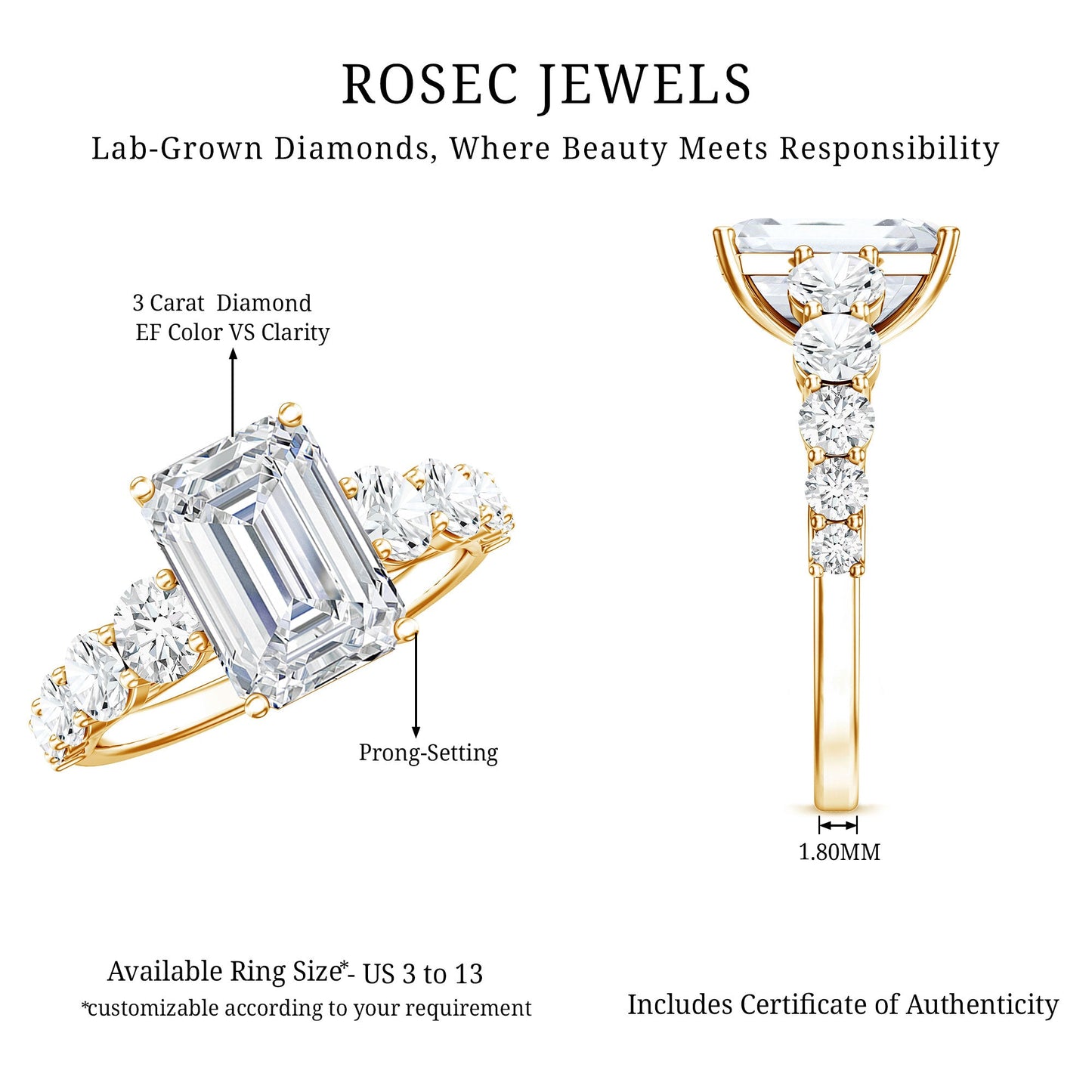 3 Carat IGI Certified Emerald Cut Lab Grown Diamond Engagement Ring with Side Stones