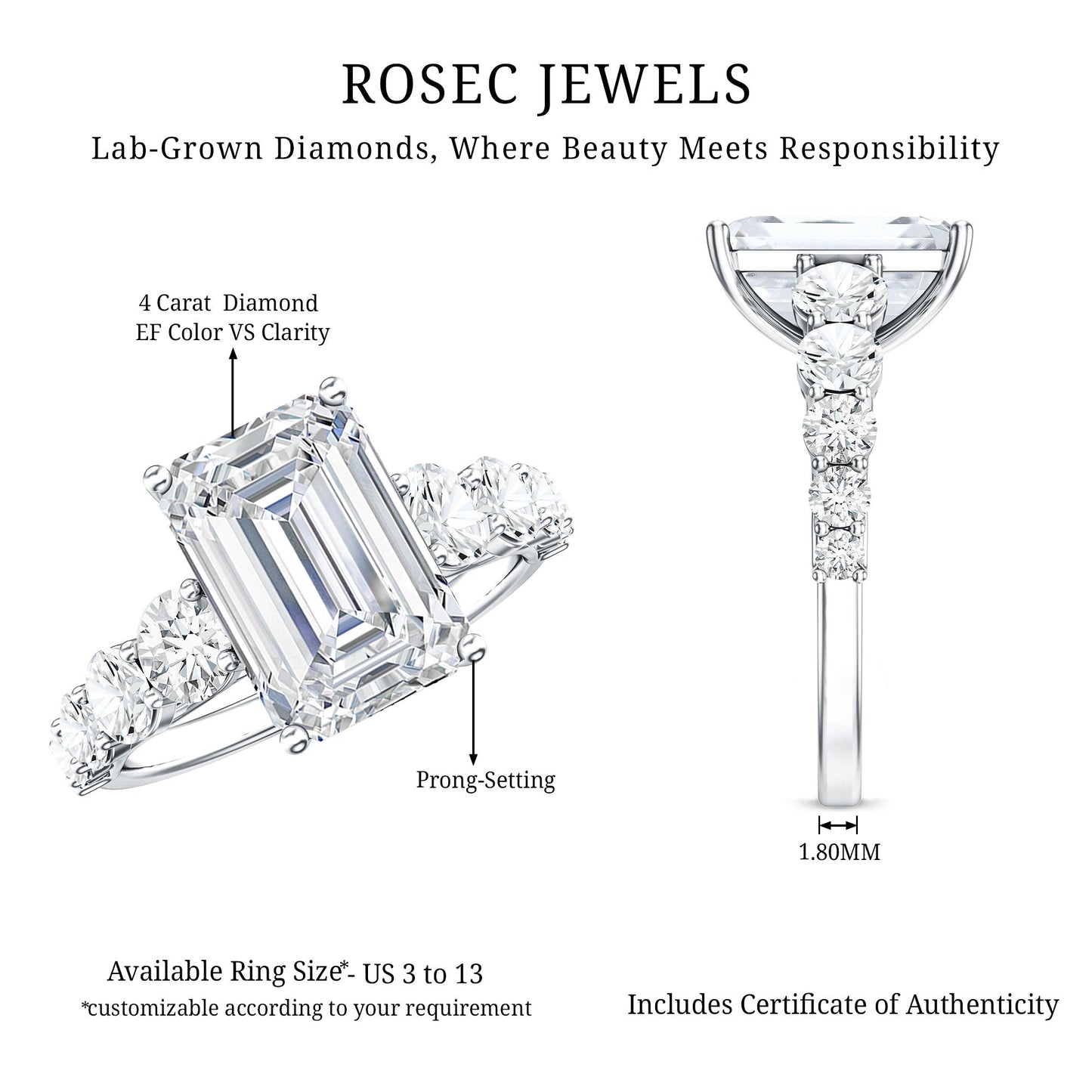 Emerald Cut 4 Carat Lab Grown Diamond Side Stone Engagement Ring with IGI Certificate