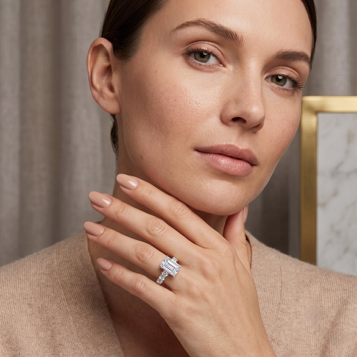Emerald Cut 4 Carat Lab Grown Diamond Side Stone Engagement Ring with IGI Certificate