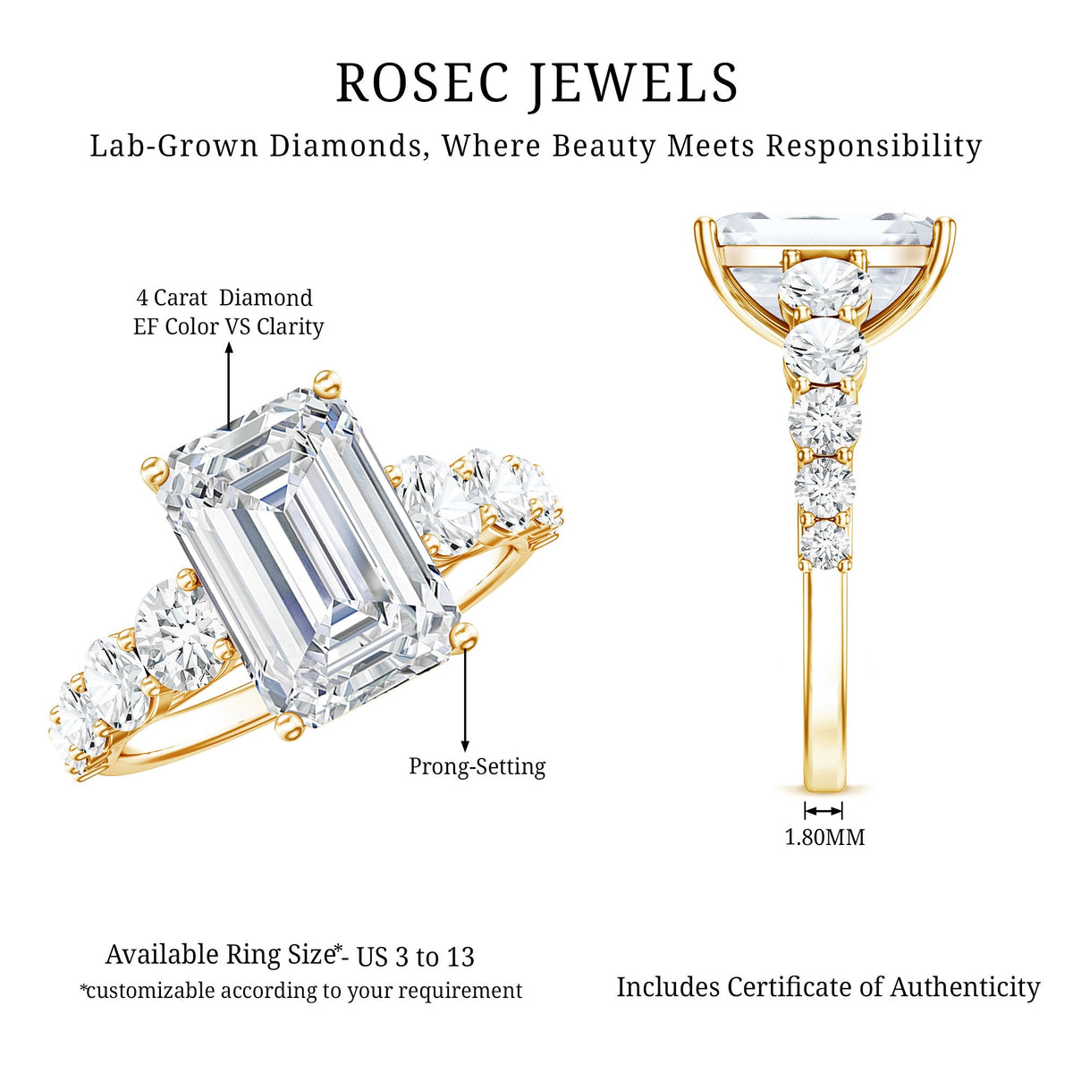 Emerald Cut 4 Carat Lab Grown Diamond Side Stone Engagement Ring with IGI Certificate