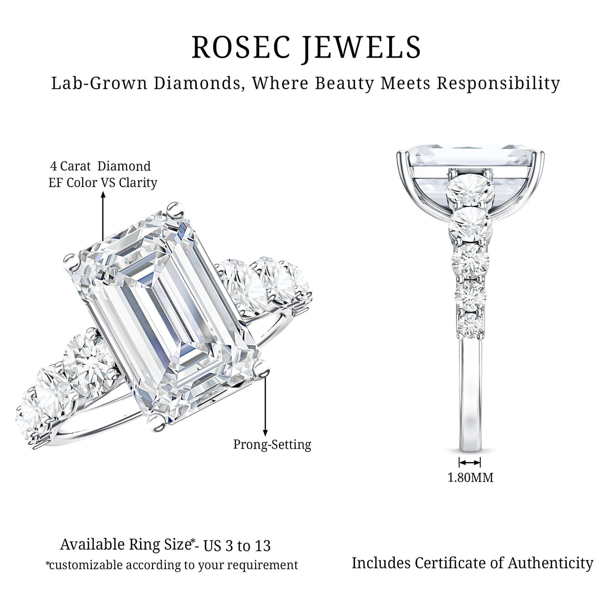 IGI Certified 5 Carat Big Lab Grown Diamond Emerald Cut Engagement Ring with Side Stones