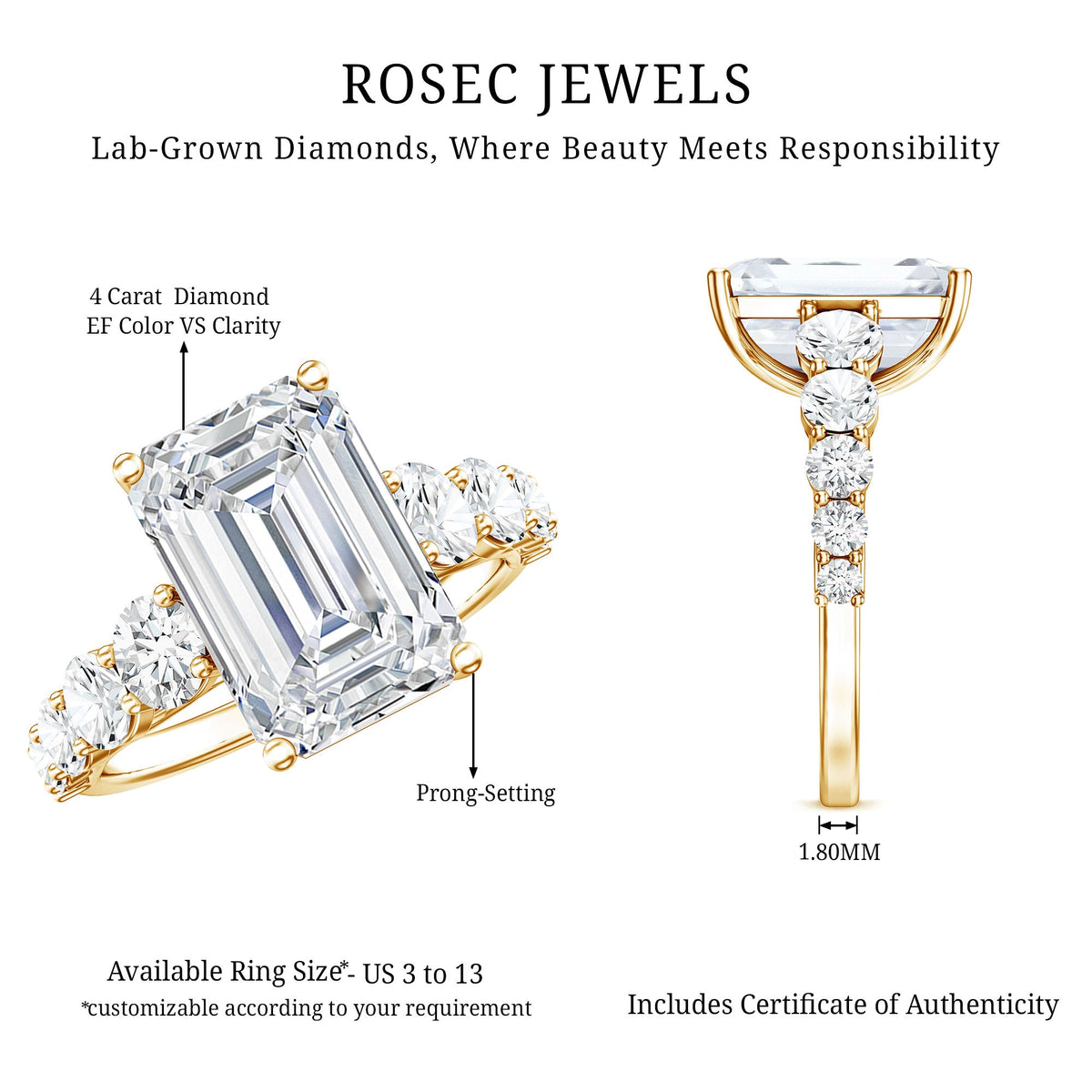 IGI Certified 5 Carat Big Lab Grown Diamond Emerald Cut Engagement Ring with Side Stones