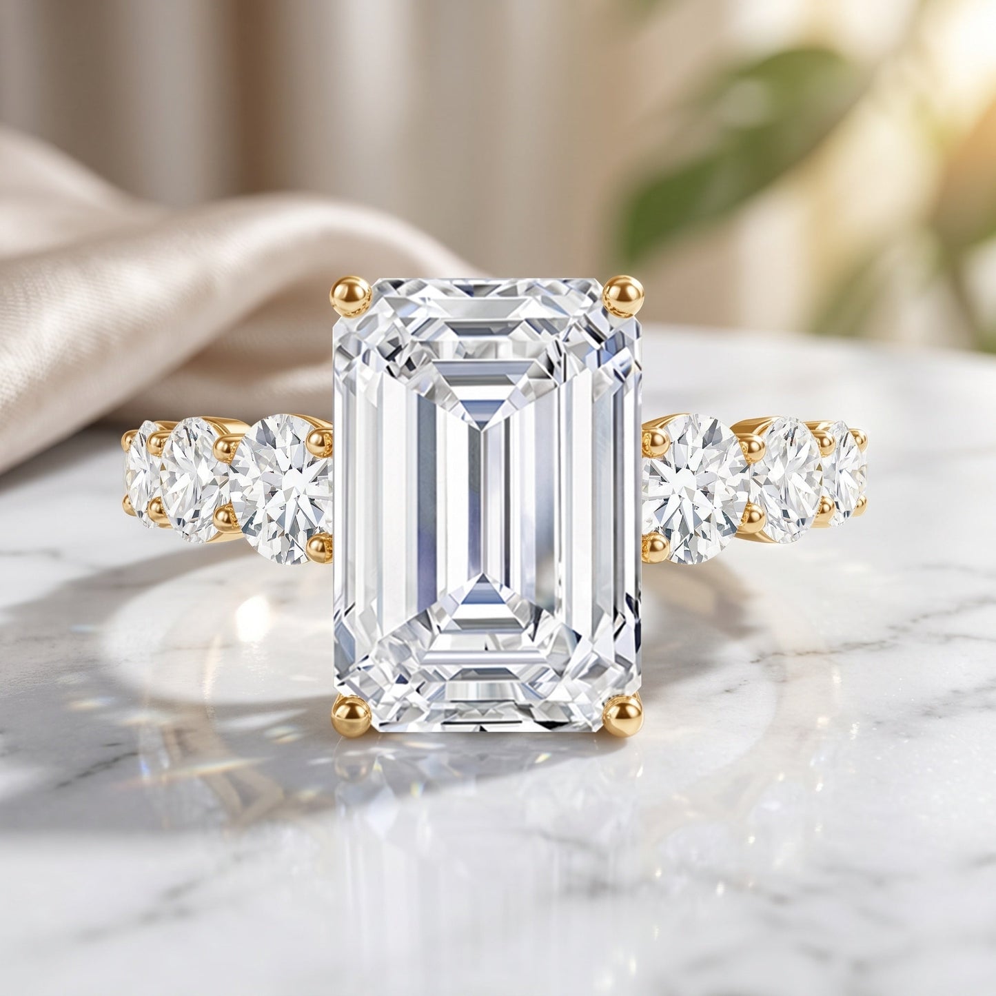 IGI Certified 5 Carat Big Lab Grown Diamond Emerald Cut Engagement Ring with Side Stones