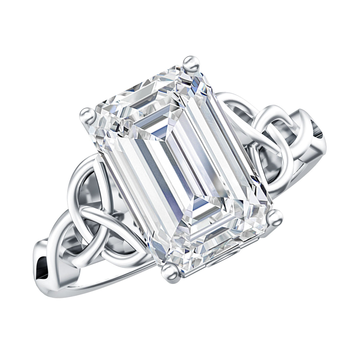IGI Certified 4 Carat Emerald Cut Lab Grown Diamond Engagement Ring with Celtic Knot