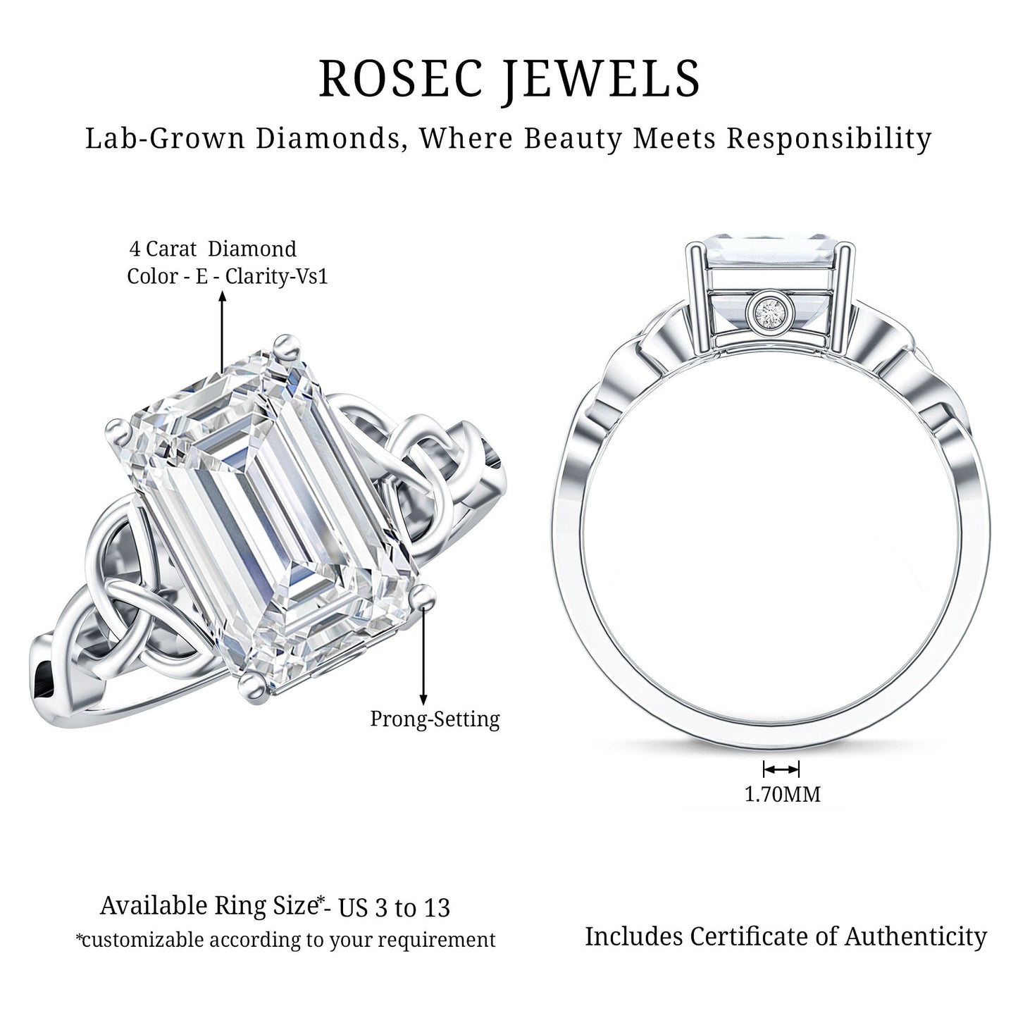 IGI Certified 4 Carat Emerald Cut Lab Grown Diamond Engagement Ring with Celtic Knot