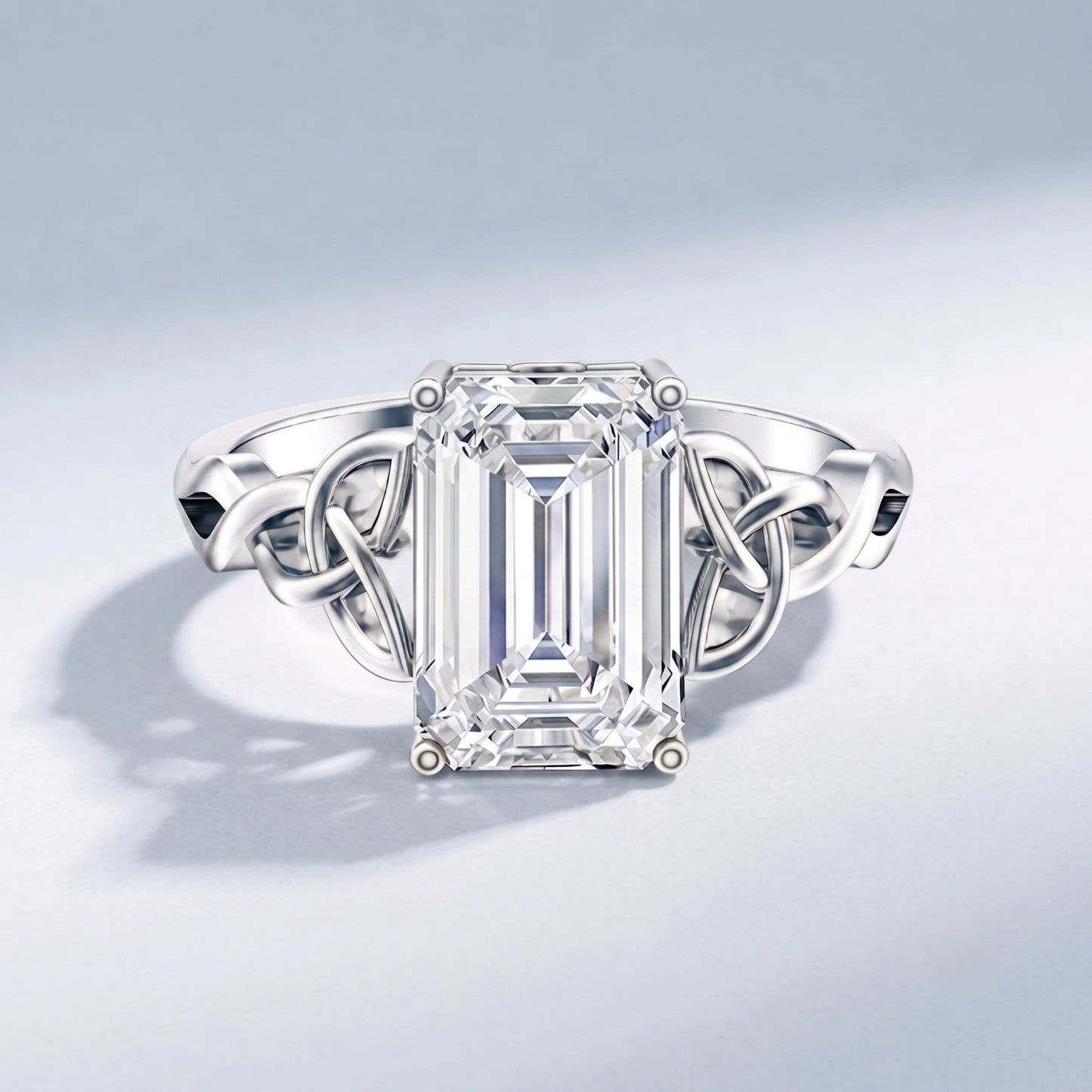IGI Certified 4 Carat Emerald Cut Lab Grown Diamond Engagement Ring with Celtic Knot