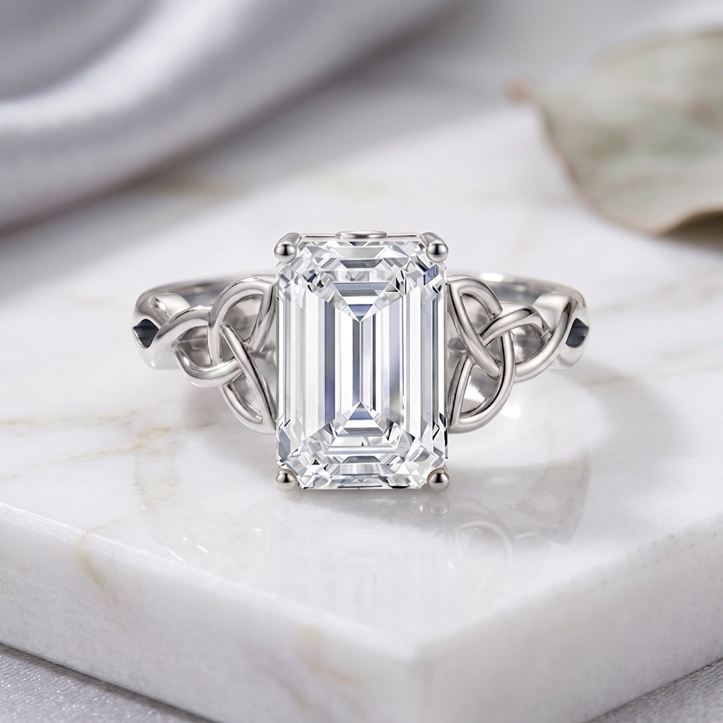 IGI Certified 4 Carat Emerald Cut Lab Grown Diamond Engagement Ring with Celtic Knot
