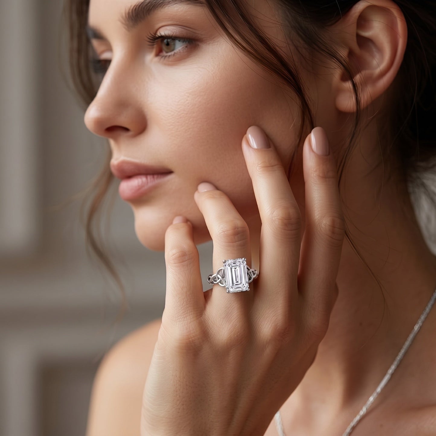 IGI Certified 4 Carat Emerald Cut Lab Grown Diamond Engagement Ring with Celtic Knot