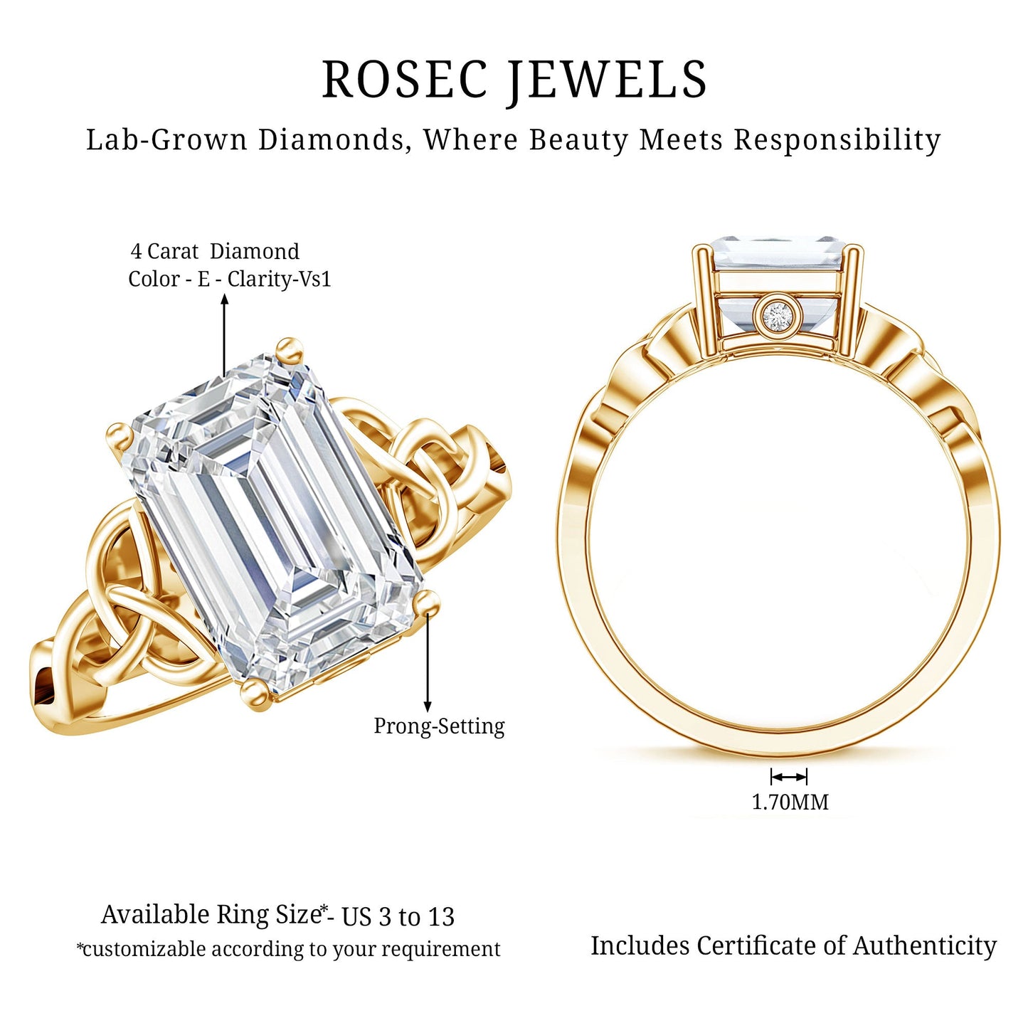 IGI Certified 4 Carat Emerald Cut Lab Grown Diamond Engagement Ring with Celtic Knot