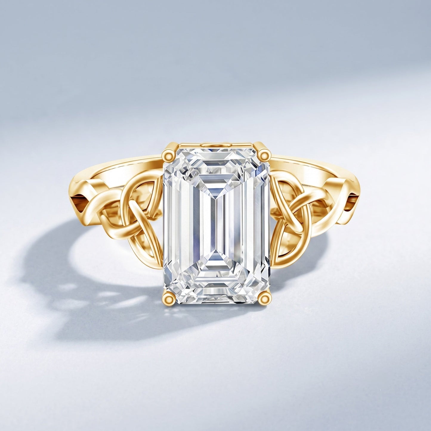 IGI Certified 4 Carat Emerald Cut Lab Grown Diamond Engagement Ring with Celtic Knot