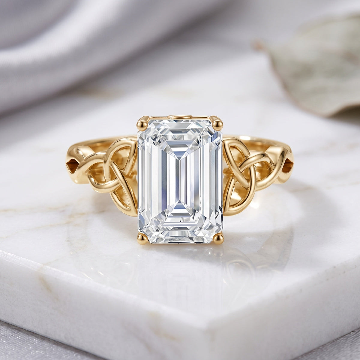 IGI Certified 4 Carat Emerald Cut Lab Grown Diamond Engagement Ring with Celtic Knot