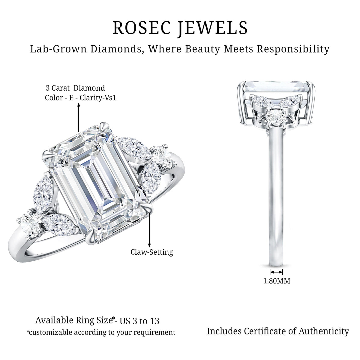 IGI Certified Lab Grown Diamond Emerald Cut Engagement Ring 3 Carat