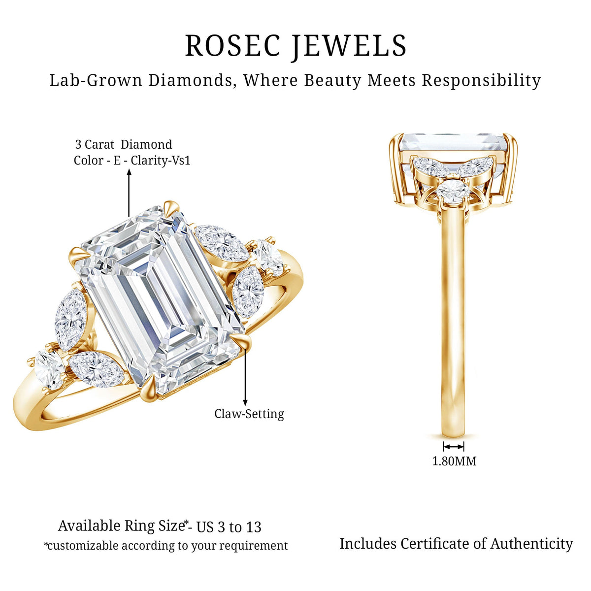 IGI Certified Lab Grown Diamond Emerald Cut Engagement Ring 3 Carat