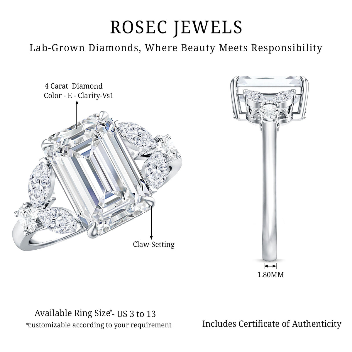 IGI Certified Emerald Cut Lab Grown Diamond Statement Engagement Ring 5 Carat
