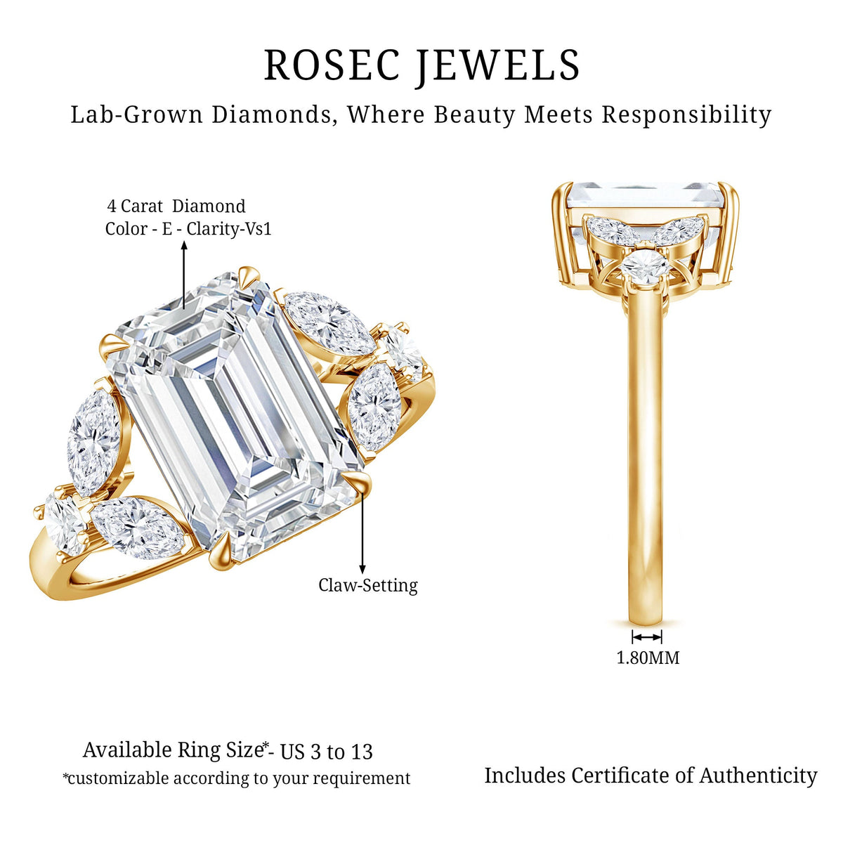 IGI Certified Emerald Cut Lab Grown Diamond Statement Engagement Ring 5 Carat