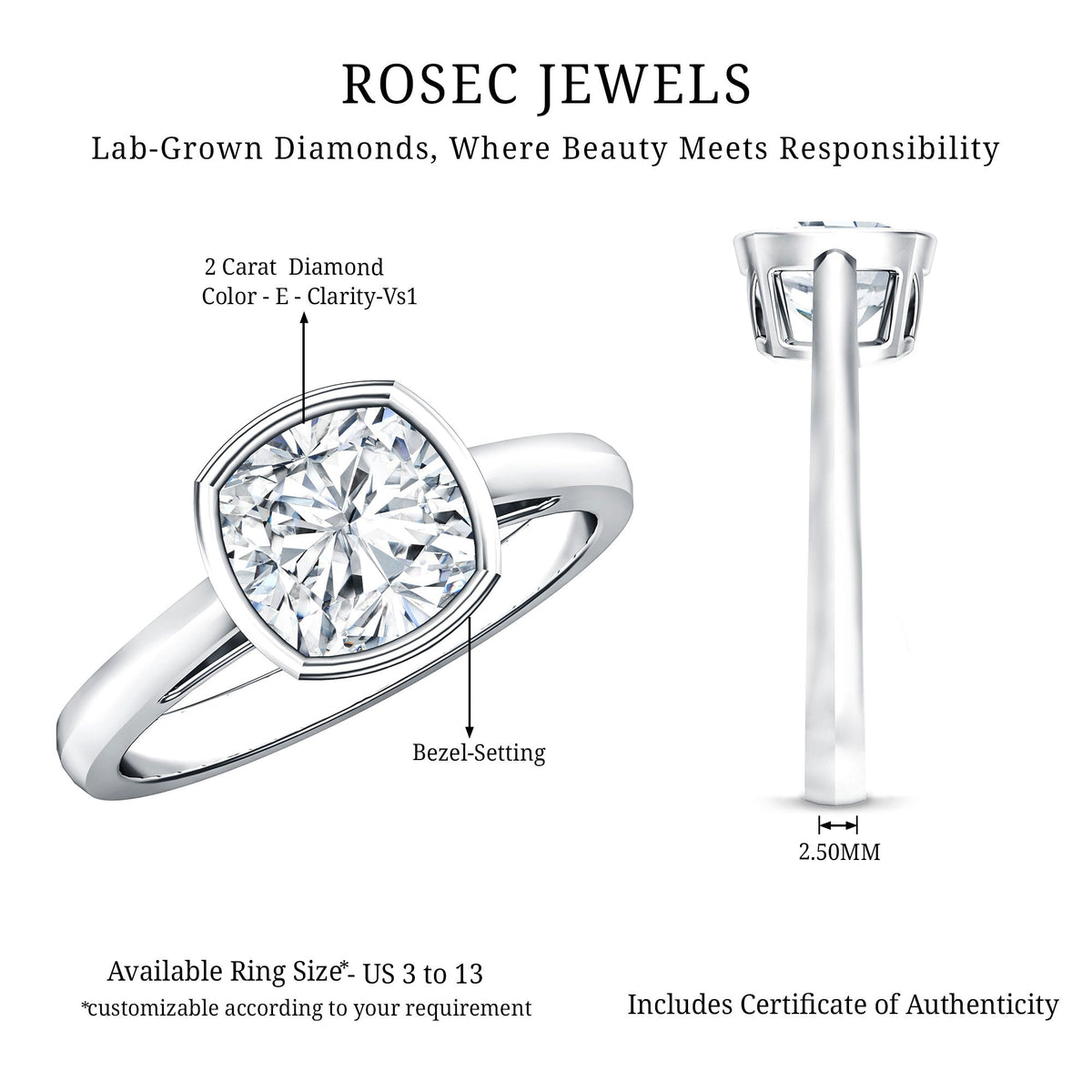 Bezel Set 2 Carat Lab Grown Diamond Cushion Engagement Ring IGI Certified