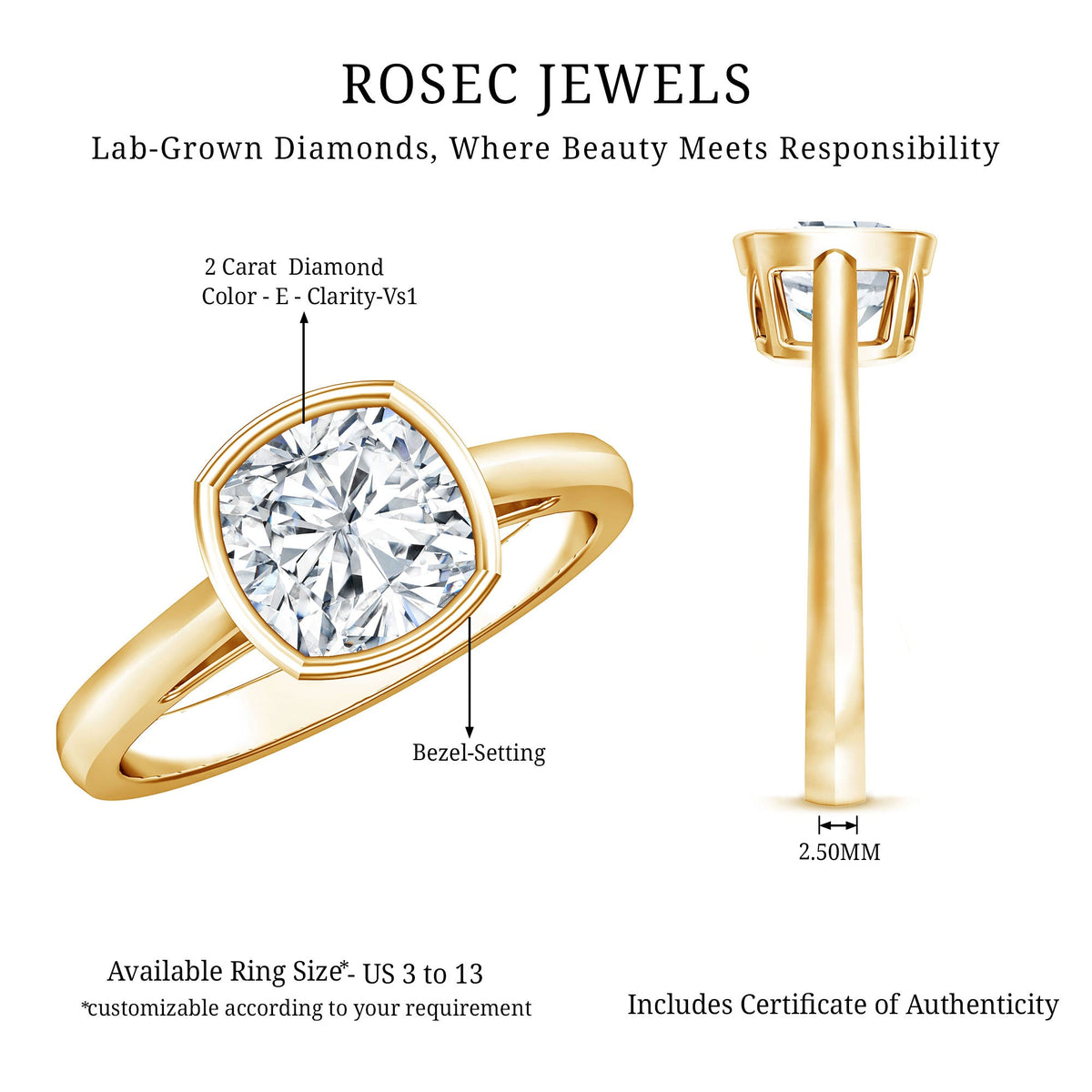 Bezel Set 2 Carat Lab Grown Diamond Cushion Engagement Ring IGI Certified