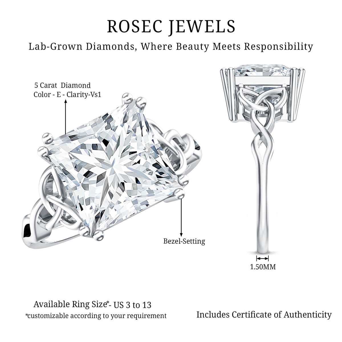 5 Carat Princess Cut Lab Grown Diamond Celtic Engagement Ring with IGI Certificate