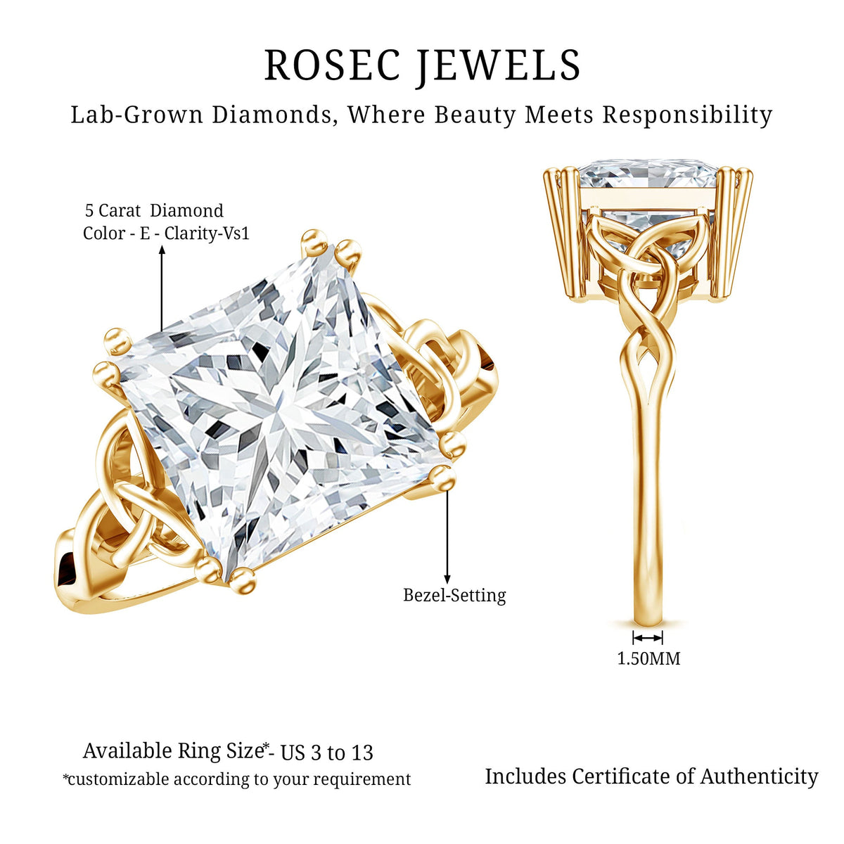 5 Carat Princess Cut Lab Grown Diamond Celtic Engagement Ring with IGI Certificate