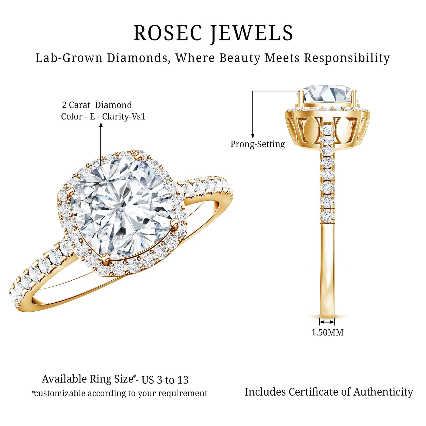IGI Certified 2 Carat Cushion Cut Lab Grown Diamond Halo Engagement Ring