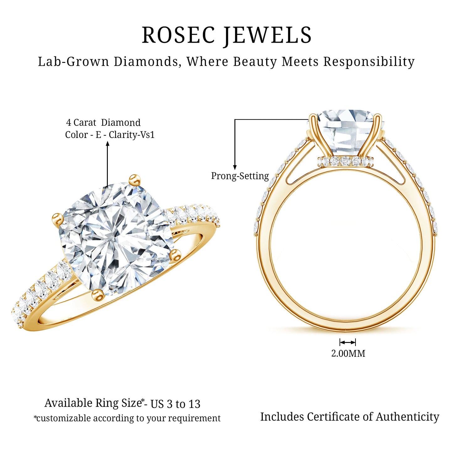 IGI Certified 4 Carat Lab Grown Cushion Diamond Engagement Ring with Hidden Halo