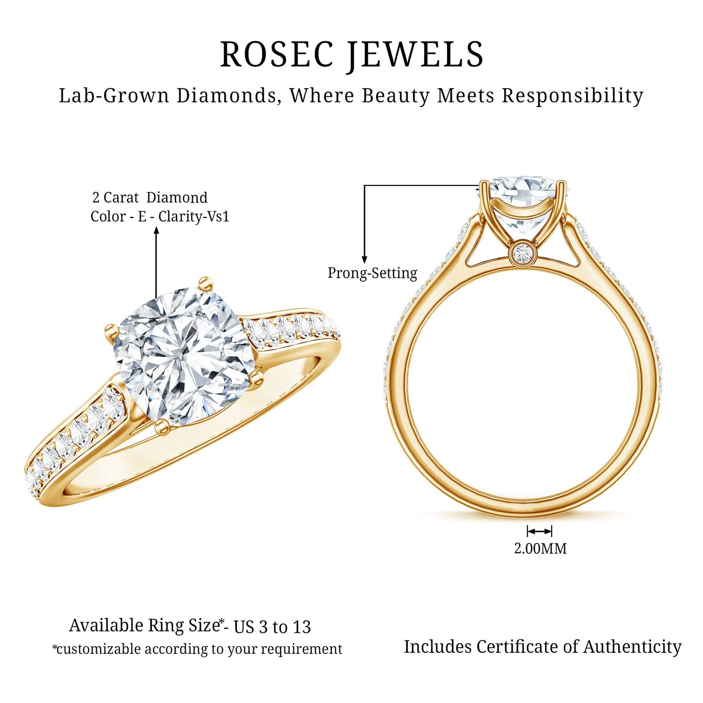 Cushion Cut 2 Carat Lab Grown Diamond Side Stone Engagement Ring IGI Certified