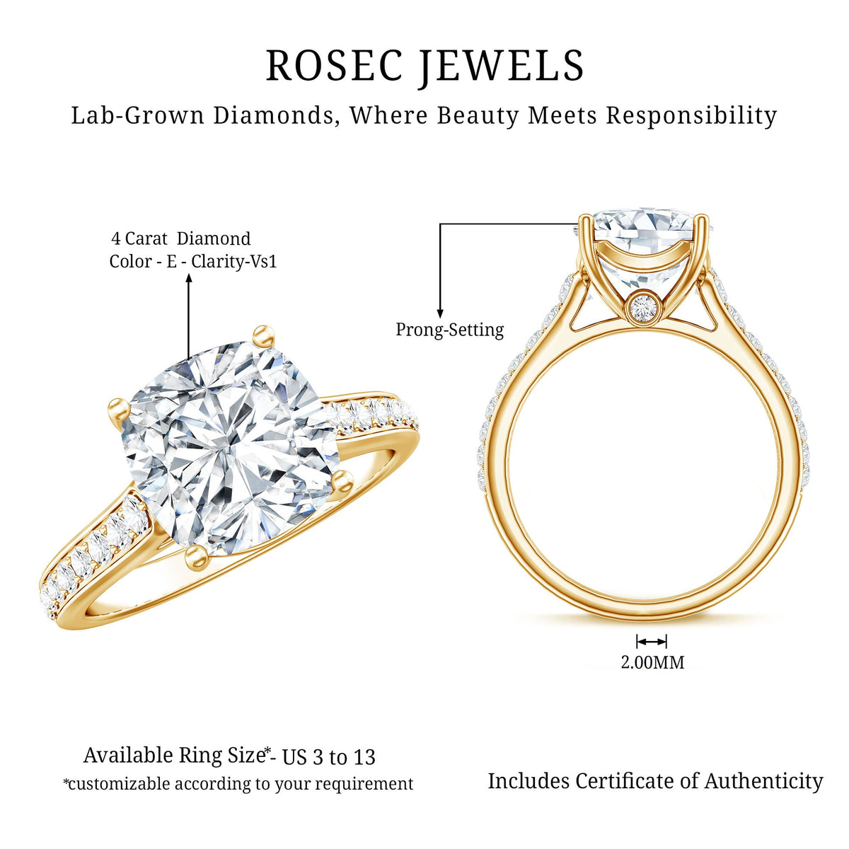 4 Carat Engagement Ring with IGI Certified Cushion Cut Lab Grown Diamond