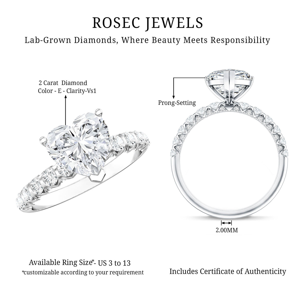 2 Carat Heart Shaped Lab Grown Diamond Engagement Ring with IGI Certificate