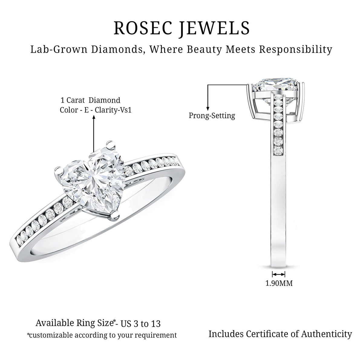 IGI Certified 1 Carat Heart Shaped Lab Grown Diamond Engagement Ring with Side Stones