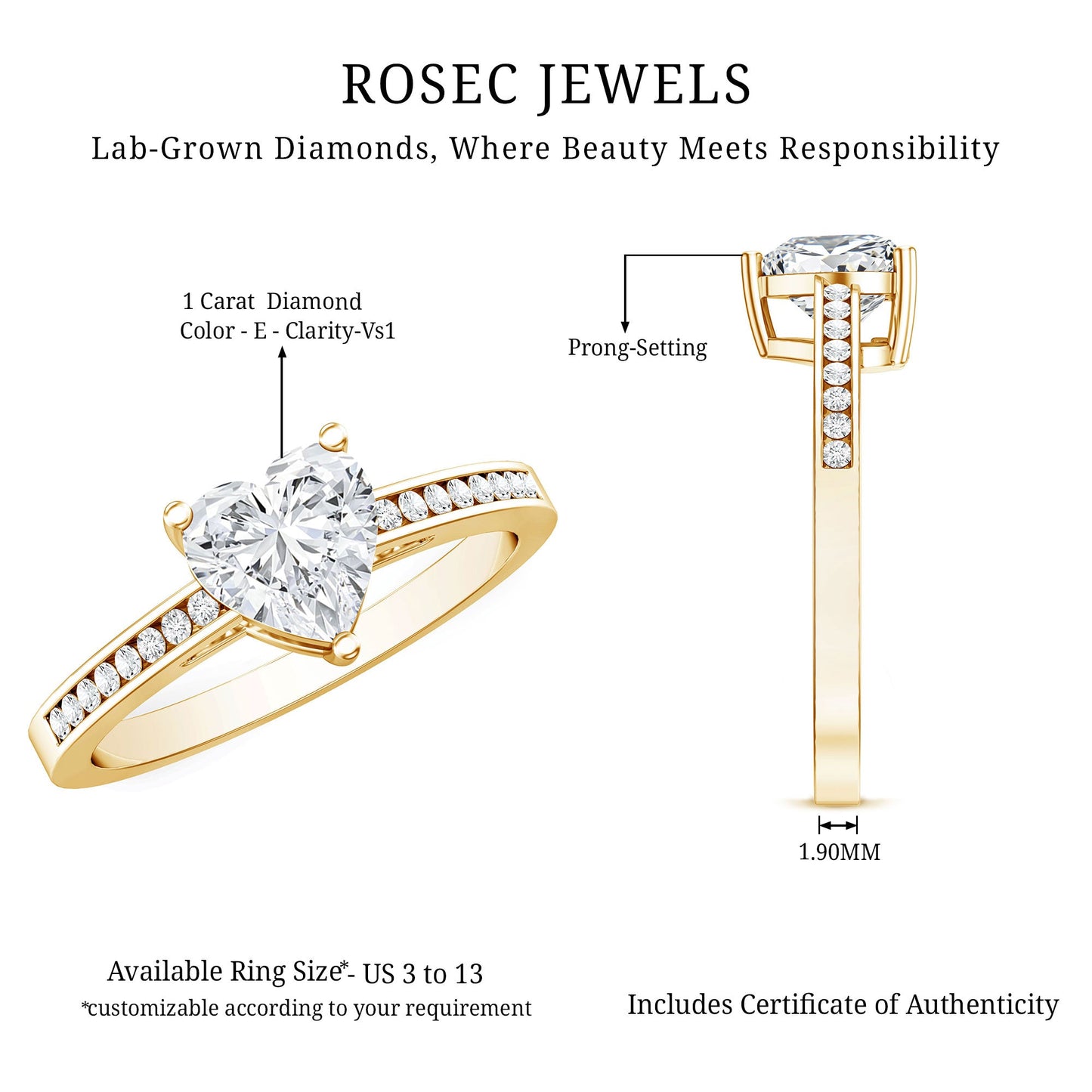 IGI Certified 1 Carat Heart Shaped Lab Grown Diamond Engagement Ring with Side Stones