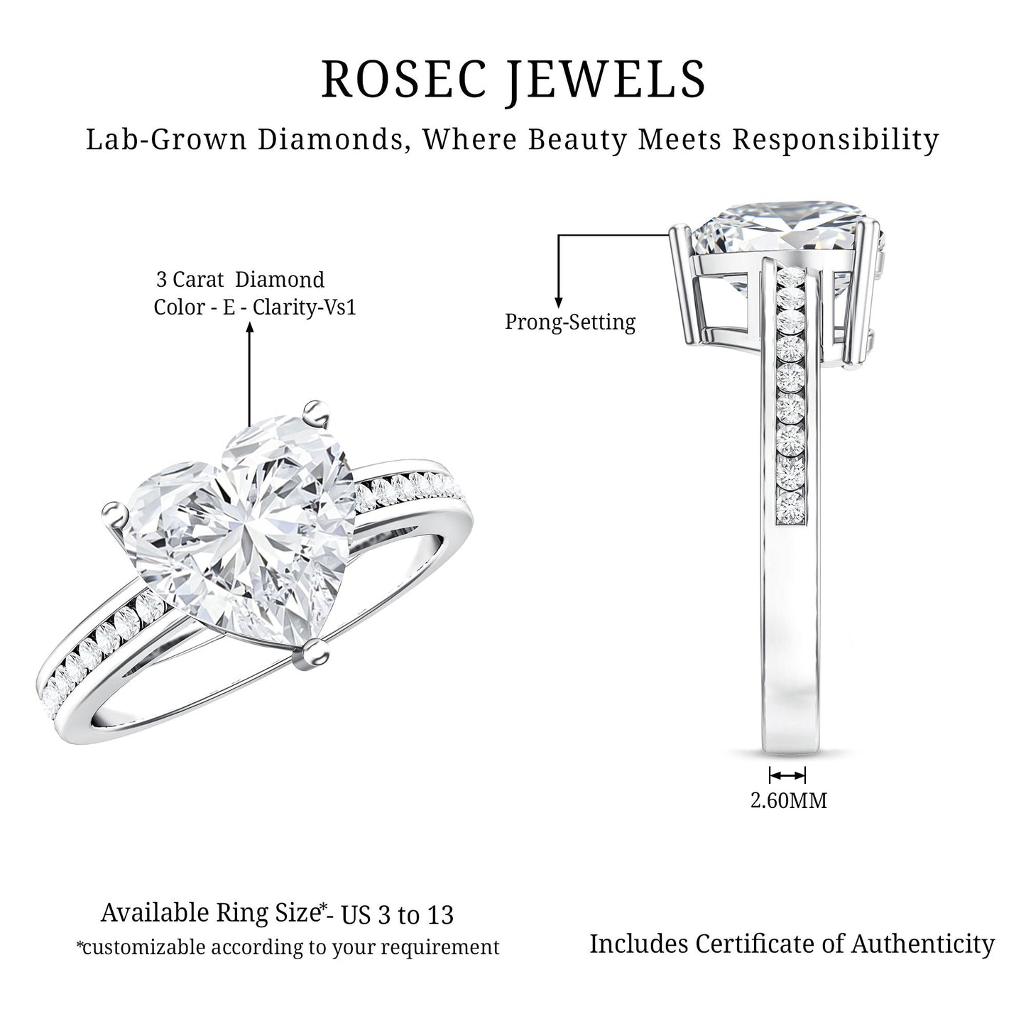 IGI Certified 3 Carat Lab Grown Diamond Heart Engagement Ring