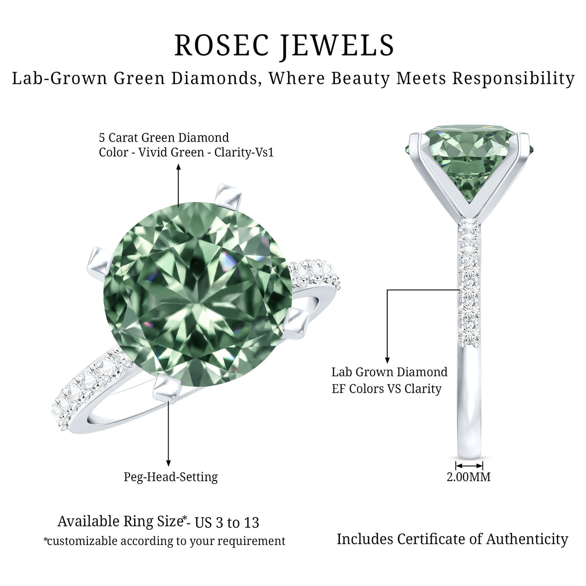 IGI Certified Solitaire 5 Carat Lab Grown Green Diamond Engagement Ring with Side Stones