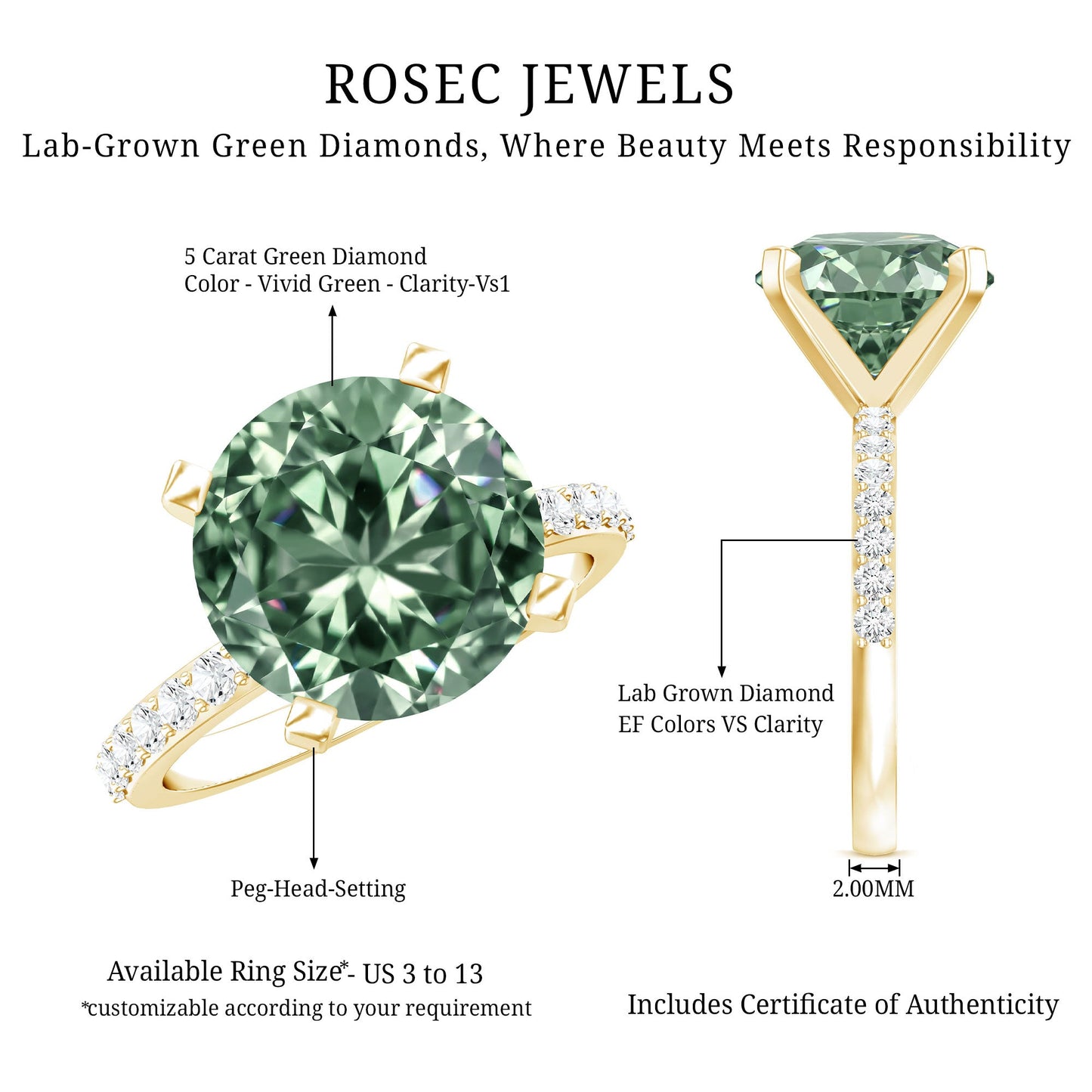 IGI Certified Solitaire 5 Carat Lab Grown Green Diamond Engagement Ring with Side Stones