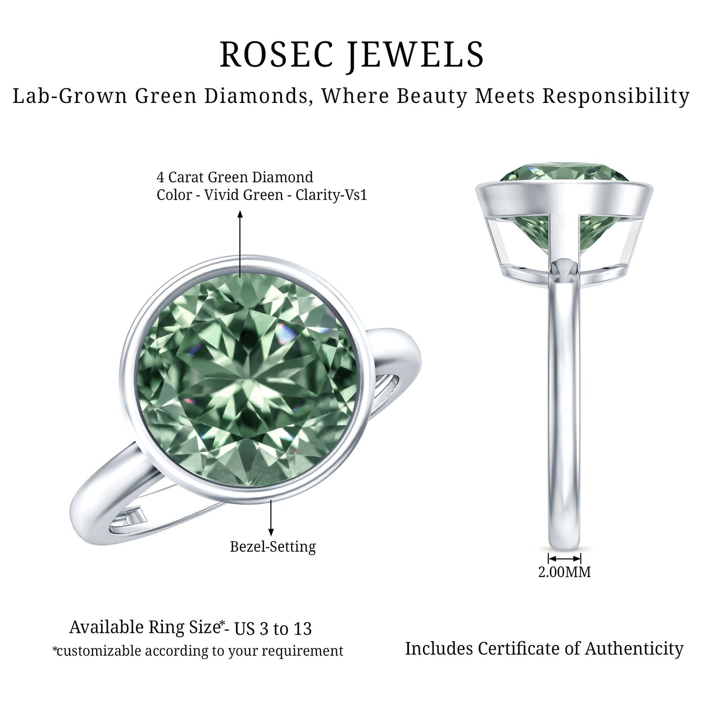 Bezel Set 4 Carat Lab Grown Green Diamond Solitaire Engagement Ring with IGI Certificate