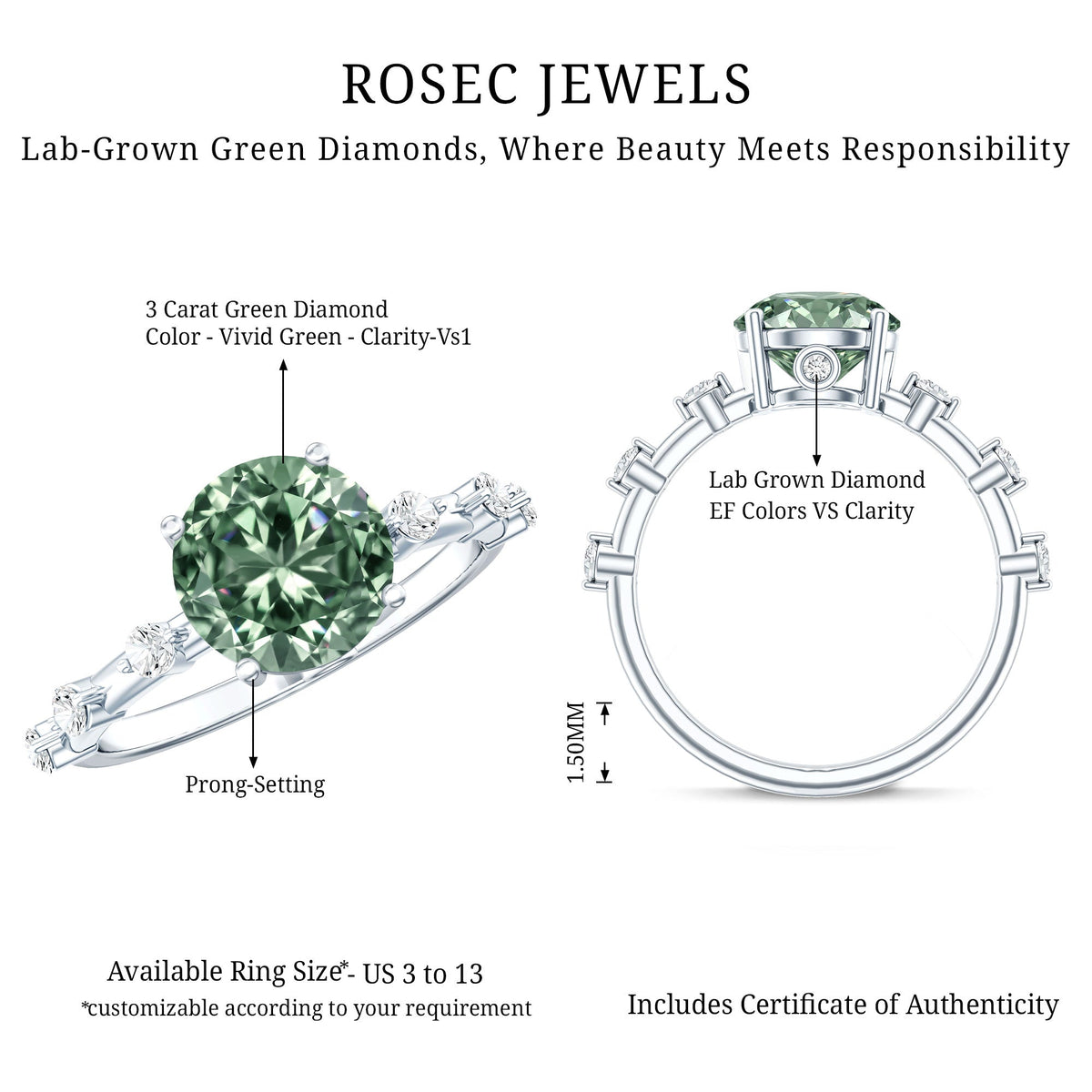 Lab Grown 3 Carat Green Diamond Engagement Ring with IGI Certificate
