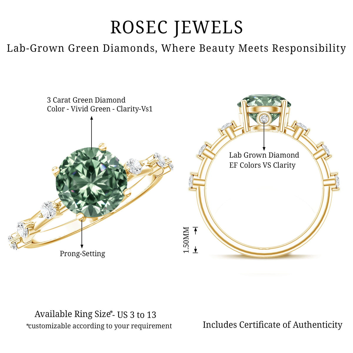 Lab Grown 3 Carat Green Diamond Engagement Ring with IGI Certificate