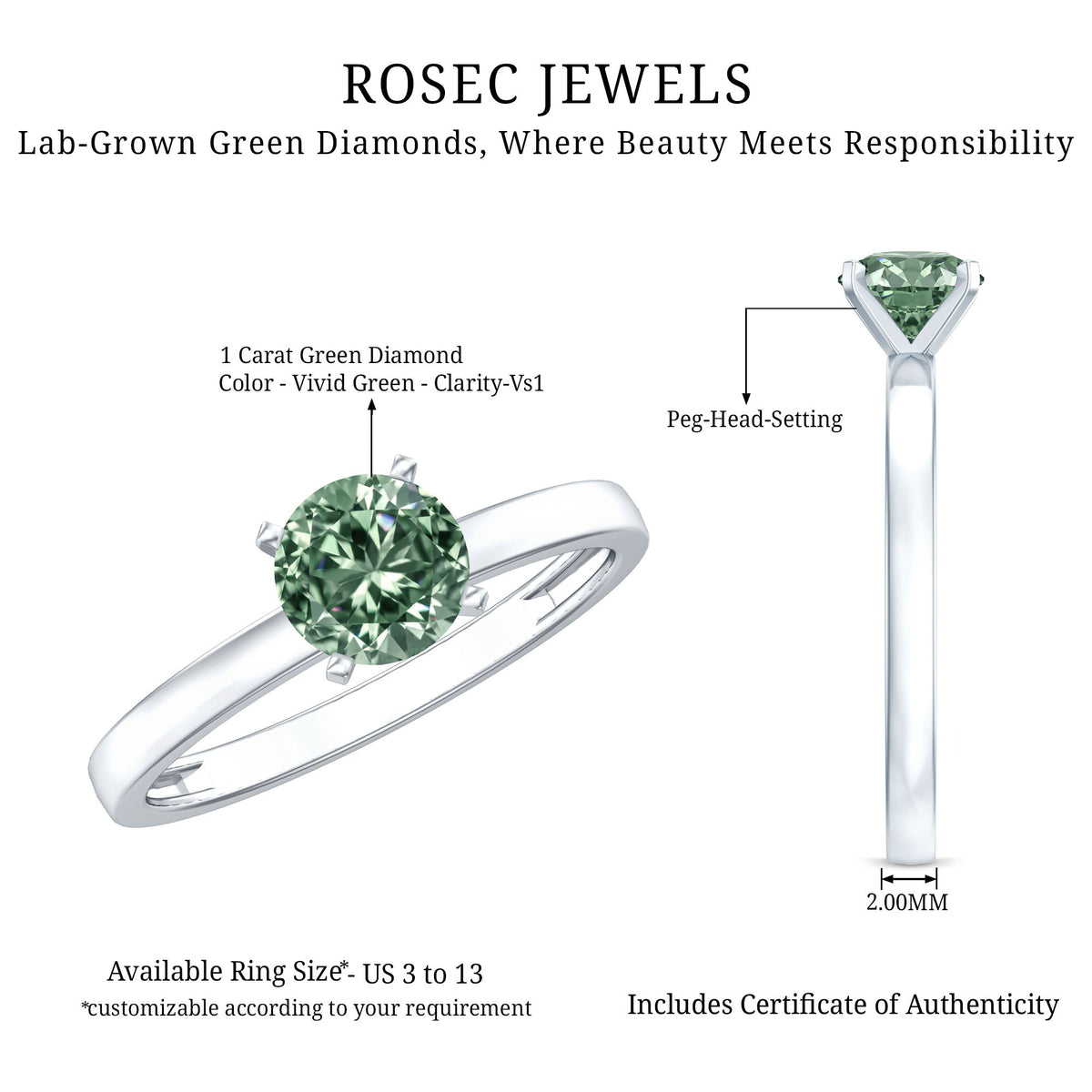 IGI Certified 1 Carat Lab Grown Green Diamond Ring Solitaire