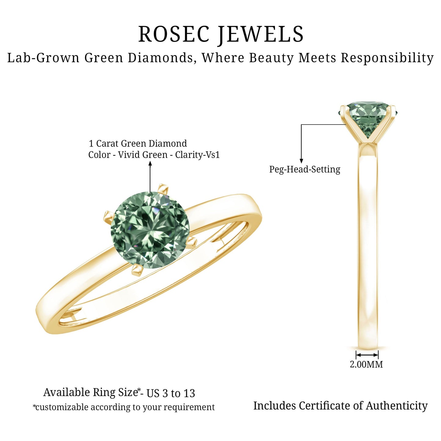 IGI Certified 1 Carat Lab Grown Green Diamond Ring Solitaire