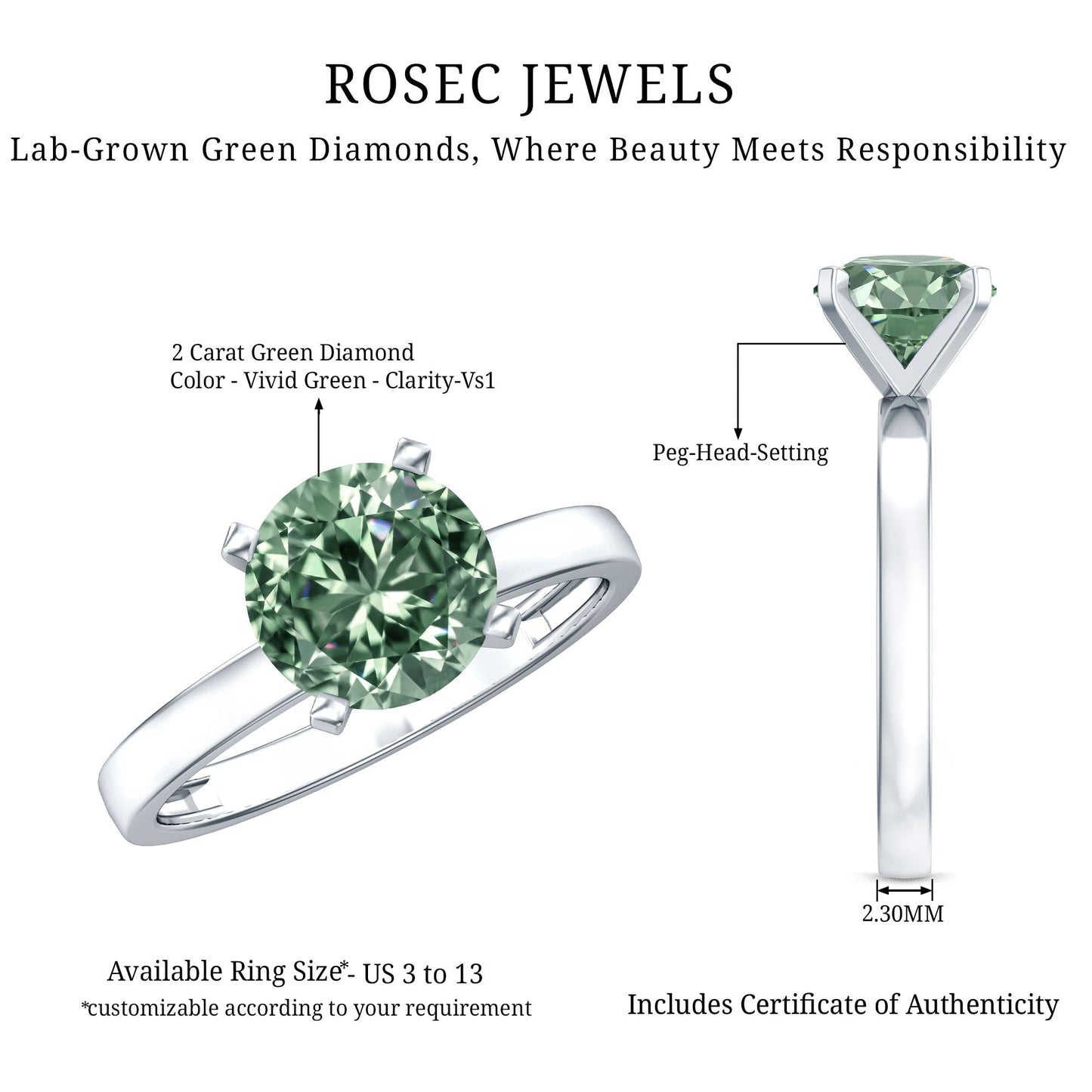 IGI Certified 2 Carat Lab Grown Green Diamond Solitaire Engagement Ring in Peg Head Setting