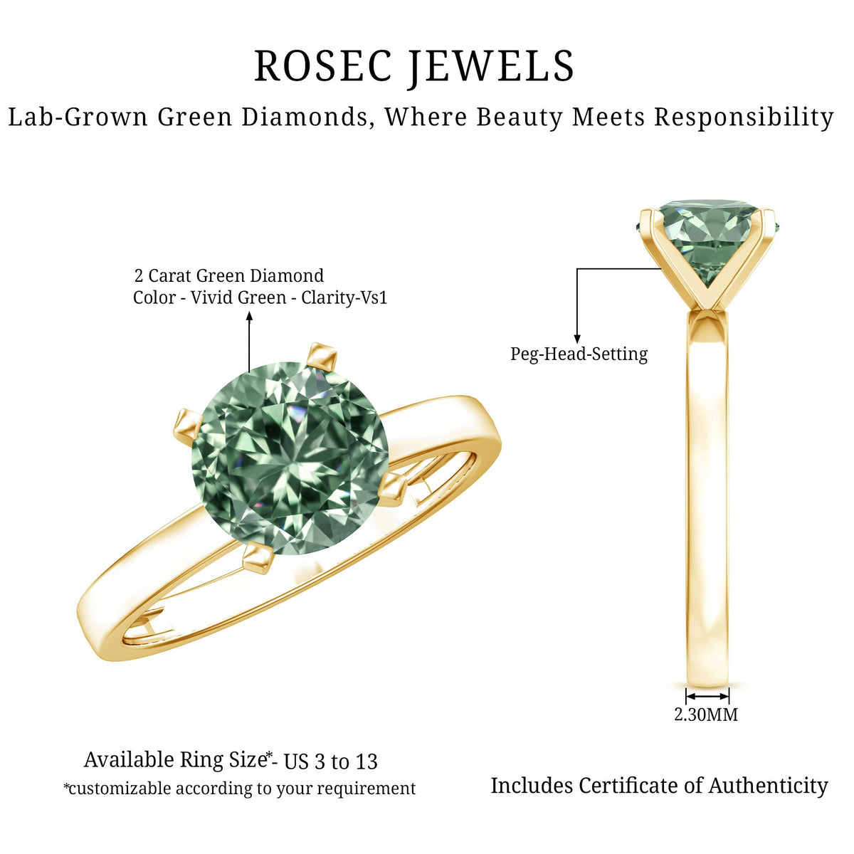 IGI Certified 2 Carat Lab Grown Green Diamond Solitaire Engagement Ring in Peg Head Setting