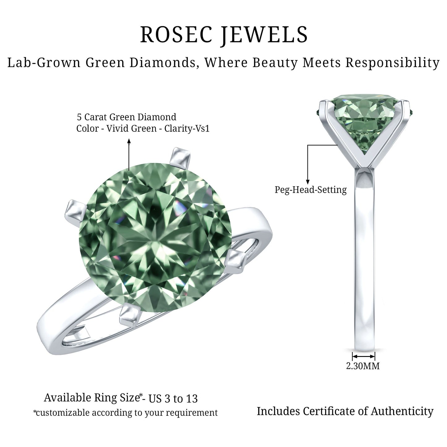 Huge 5 Carat Lab Grown Green Diamond Solitaire Engagement Ring with IGI Certificate
