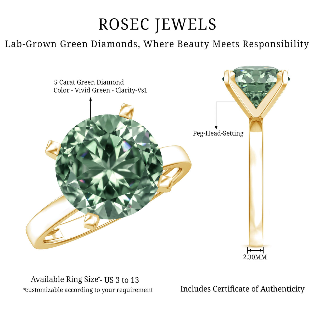 Huge 5 Carat Lab Grown Green Diamond Solitaire Engagement Ring with IGI Certificate