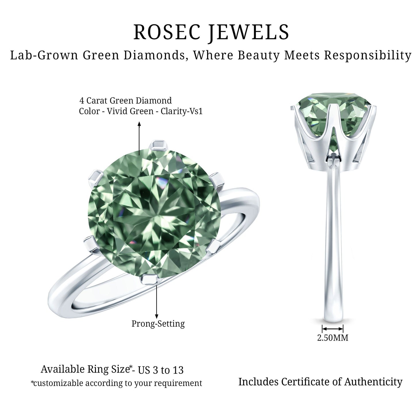 IGI Certified Solitaire Lab Grown Green Diamond Big Engagement Ring 4 Carat