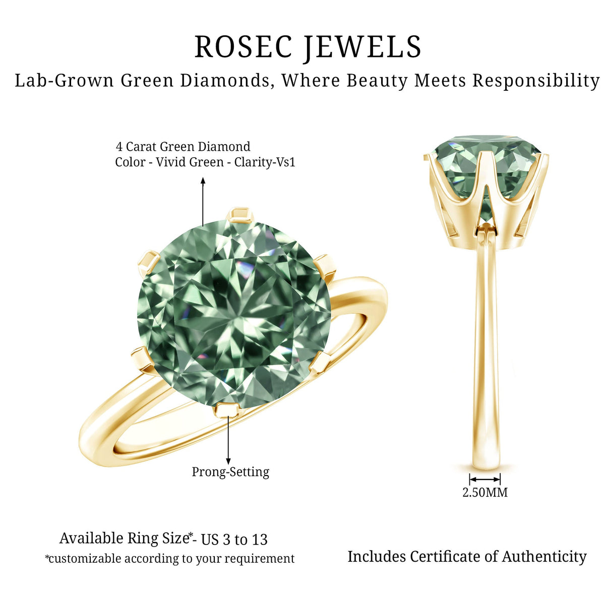 IGI Certified Solitaire Lab Grown Green Diamond Big Engagement Ring 4 Carat