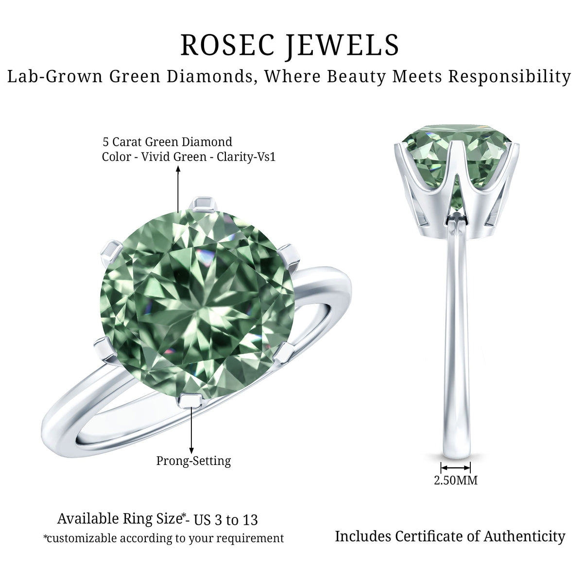 Large 5 Carat Lab Grown Green Diamond Engagement Ring with IGI Certificate