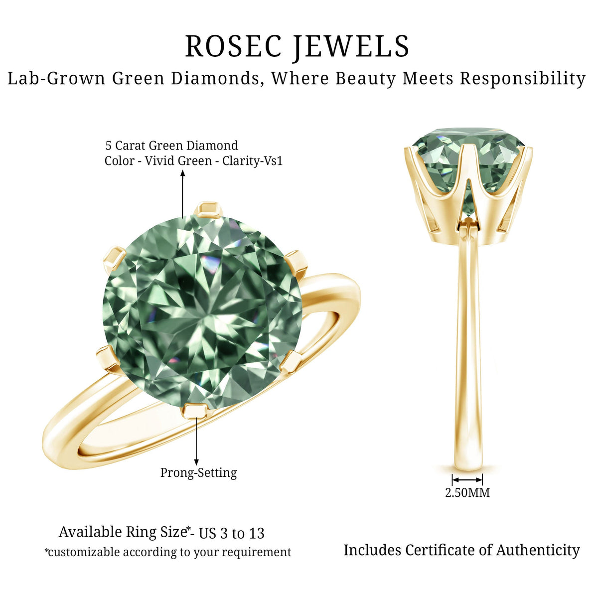 Large 5 Carat Lab Grown Green Diamond Engagement Ring with IGI Certificate