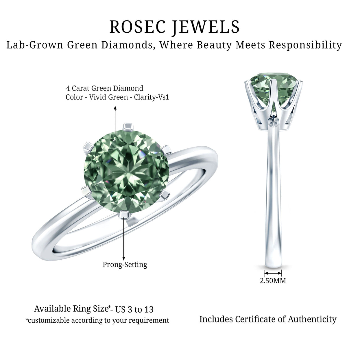 2 Carat Lab Grown Vivid Green Diamond Solitaire Engagement Ring with IGI Certificate