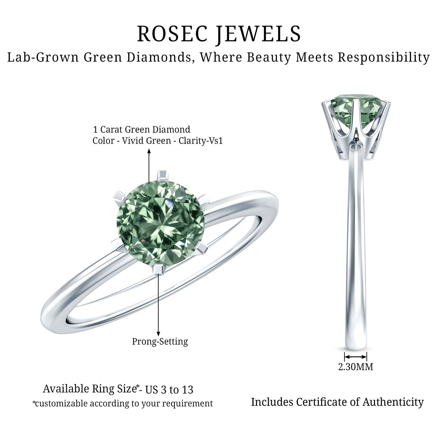 Lab Grown Green Diamond 1 Carat Solitaire Ring with IGI Certificate